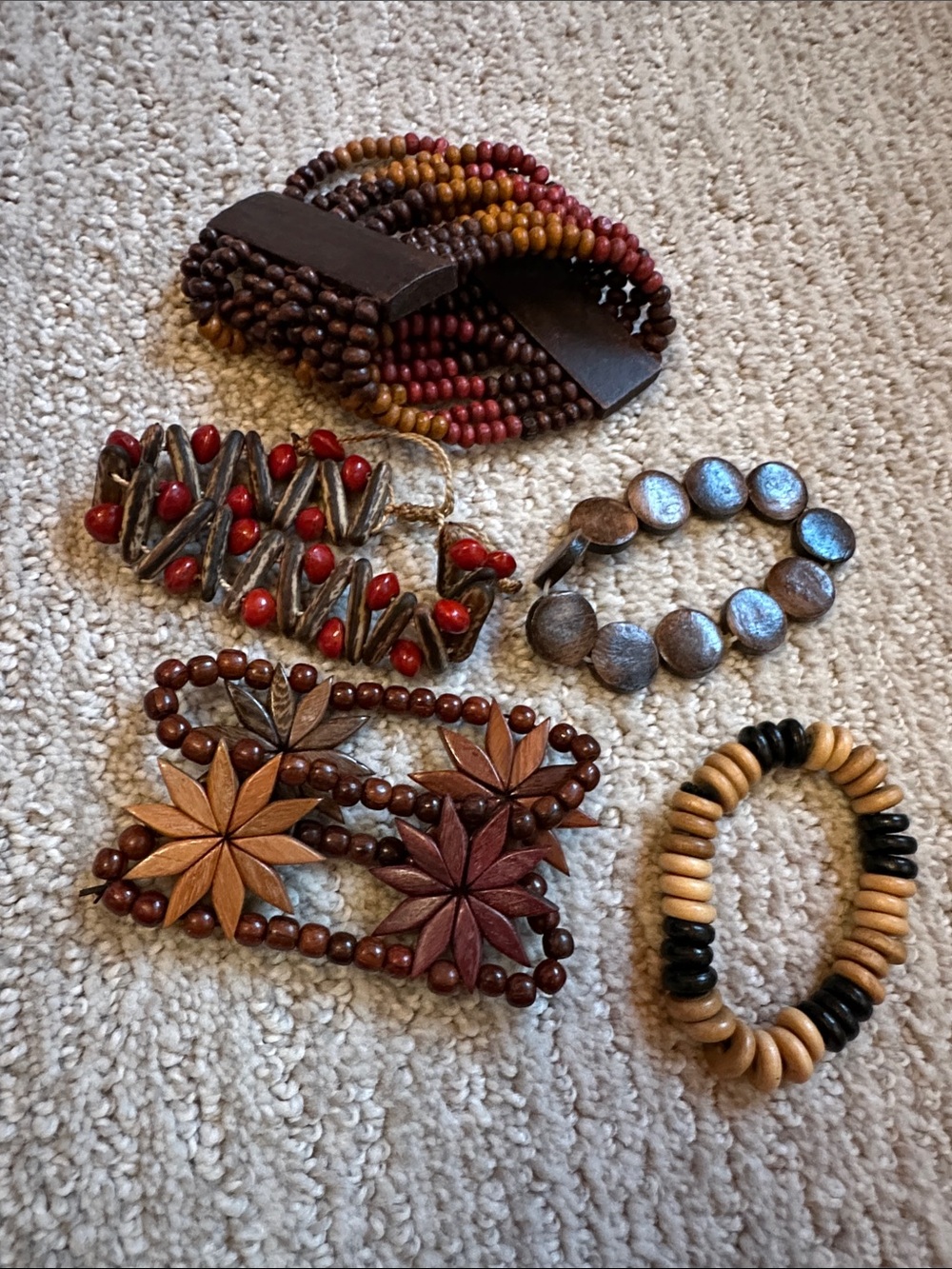 Bohemian Handcrafted Wooden Bead Bracelets - Mixed Brown, Red & Natural Tones